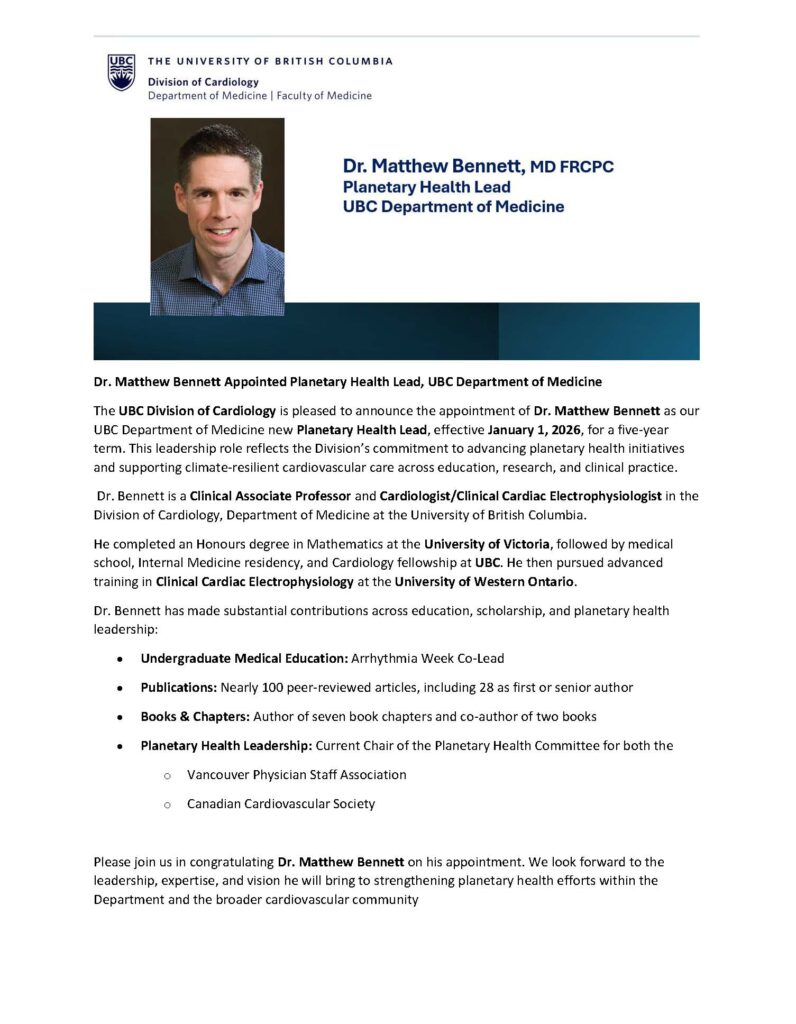 Dr. Matthew Bennett Appointed Planetary Health Lead, UBC Department of Medicine