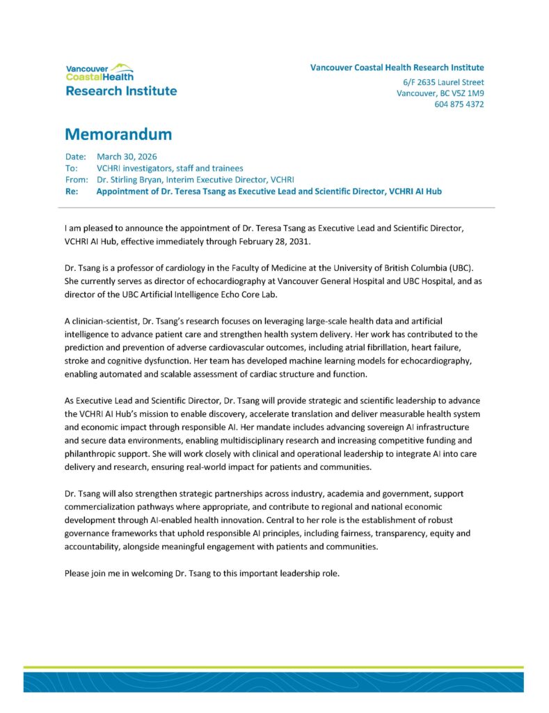 Appointment of Dr. Teresa Tsang as Executive Lead and Scientific Director, VCHRI AI Hub
